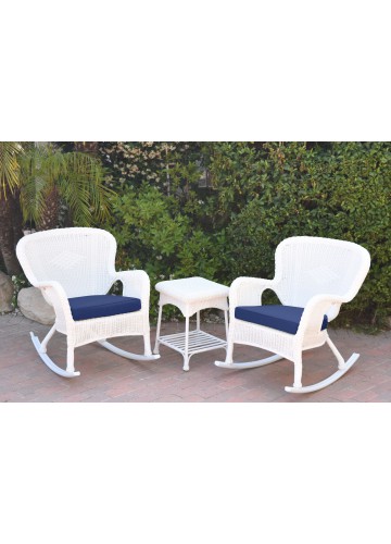 Windsor White Wicker Rocker Chair And End Table Set With Midnight Blue Chair Cushion