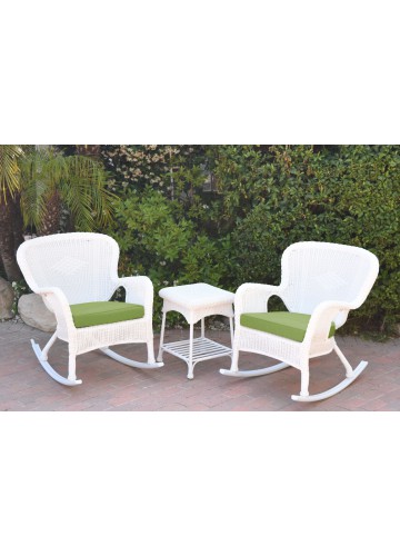 Windsor White Wicker Rocker Chair And End Table Set With Sage Green Chair Cushion