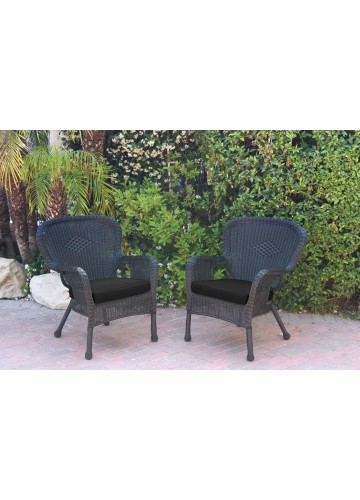 Set of 2 Windsor Black Resin Wicker Chair with Black Cushions