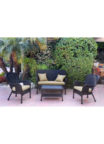 4pc Windsor Black Wicker Conversation Set - Tan Cushions