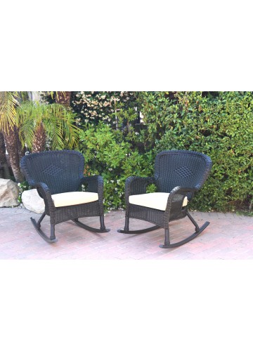 Set of 2 Windsor Black  Resin Wicker Rocker Chair with Tan Cushions
