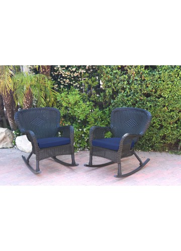 Set of 2 Windsor Black  Resin Wicker Rocker Chair with Midnight Blue Cushions
