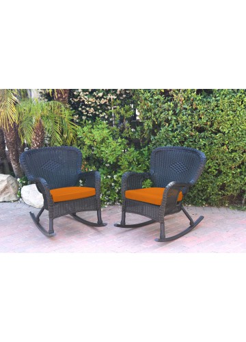 Set of 2 Windsor Black  Resin Wicker Rocker Chair with Orange Cushions
