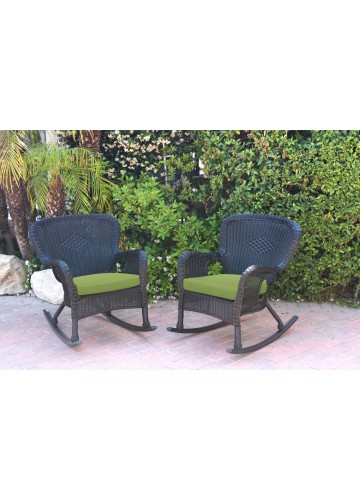 Set of 2 Windsor Black  Resin Wicker Rocker Chair with Sage Green Cushions