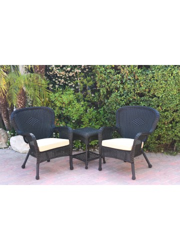 Windsor Black Wicker Chair And End Table Set With Tan Chair Cushion
