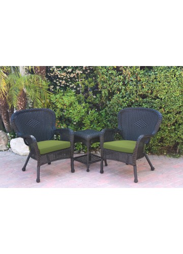 Windsor Black Wicker Chair And End Table Set With Sage Green Chair Cushion
