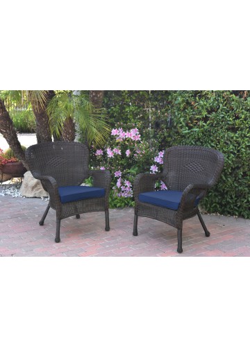 Set of 2 Windsor Espresso Resin Wicker Chair with Midnight Blue Cushions