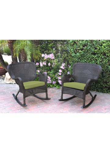 Set of 2 Windsor Espresso Resin Wicker Rocker Chair with Sage Green Cushions