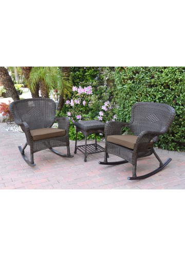 Windsor Espresso Wicker Rocker Chair And End Table Set With Brown Chair Cushion
