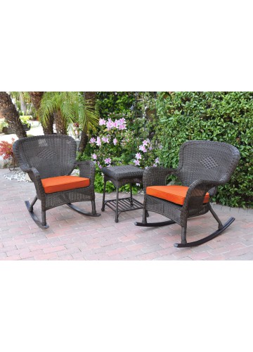 Windsor Espresso Wicker Rocker Chair And End Table Set With Orange Chair Cushion