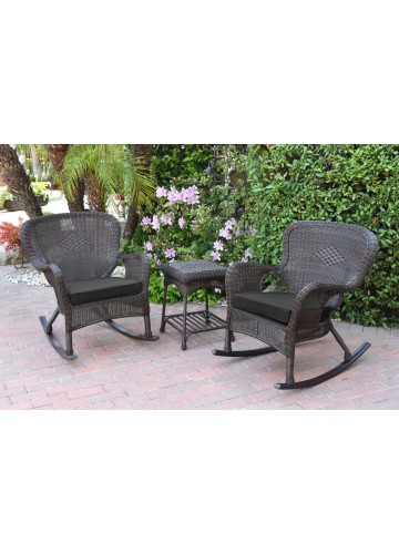 Windsor Espresso Wicker Rocker Chair And End Table Set With Black Chair Cushion