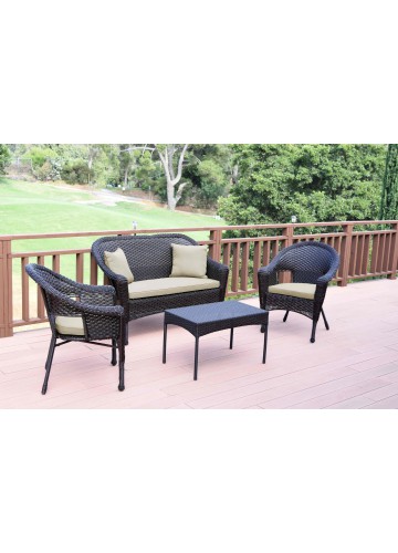 4pcs Espresso Resin Wicker Clark Conversation Set with Tan Cushion