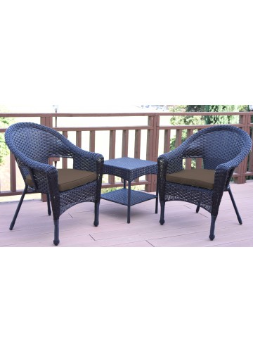 Set of 3 Espresso Resin Wicker Clark Single Chair with 2 inch Brown Cushion and End Table