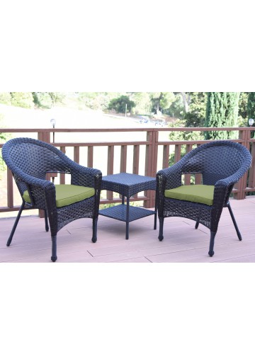 Set of 3 Espresso Resin Wicker Clark Single Chair with 2 inch Sage Green Cushion and End Table