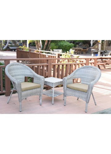 Set of 3 Grey Resin Wicker Clark Single Chair with 2 inch Tan Cushion and End Table
