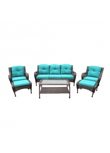 6pc Wicker Seating Set with Turquoise Cushions