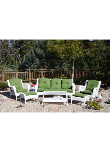 6pc White Wicker Seating Set with Hunter Green Cushions