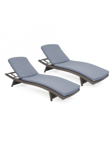 Wicker Adjustable Chaise Lounger with Steel Blue Cushion - Set of 2