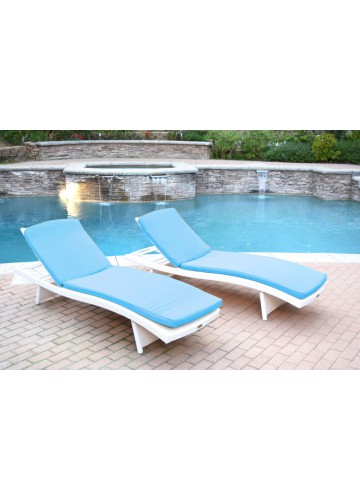 White Wicker Adjustable Chaise Lounger with Sky Blue Cushion - Set of 2