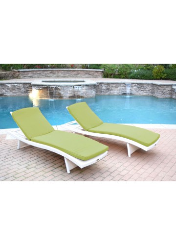 White Wicker Adjustable Chaise Lounger Sage Green Cushion - Set of 2