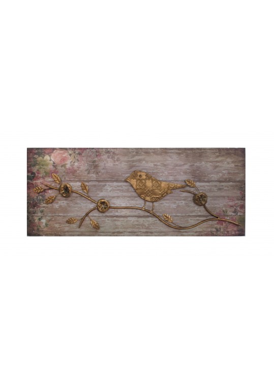 Decorative Metallic Bird With Wood Base (Tan)