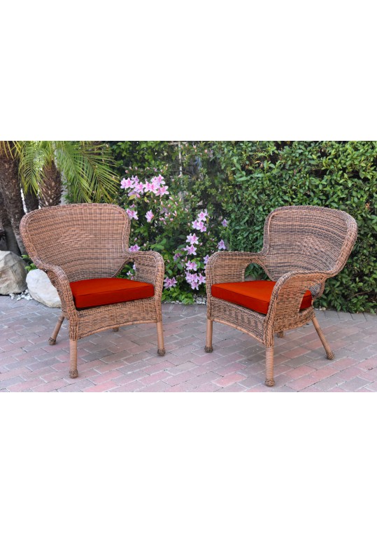 Set of 2 Windsor Honey Resin Wicker Chair with Brick Red Cushions