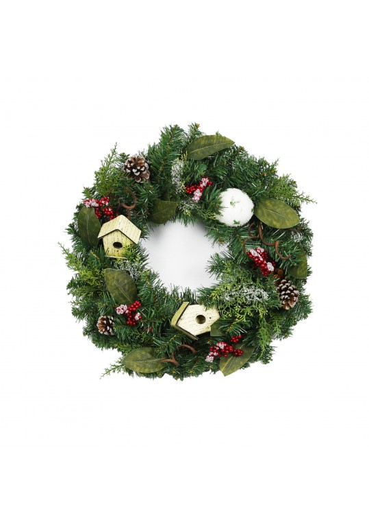 24 inch Christmas Wreath with Birdhouses and Red Berries