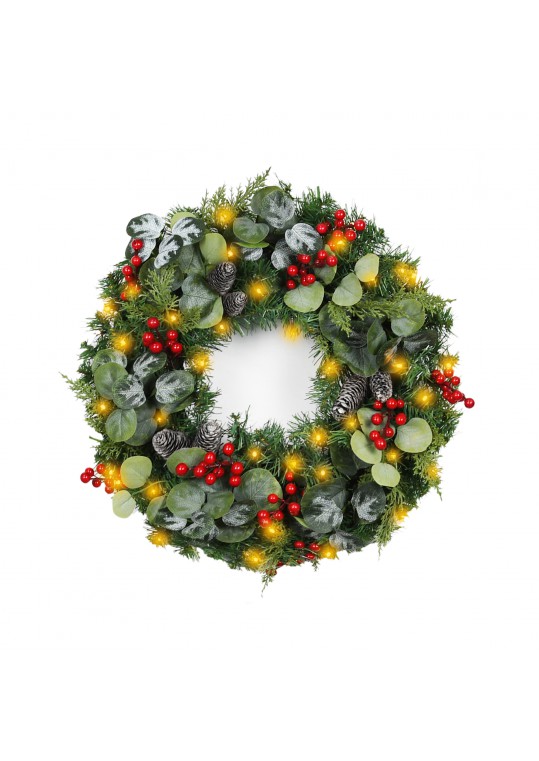 24 inch Eucalytpus Christmas Wreath with Red Berries and Lights
