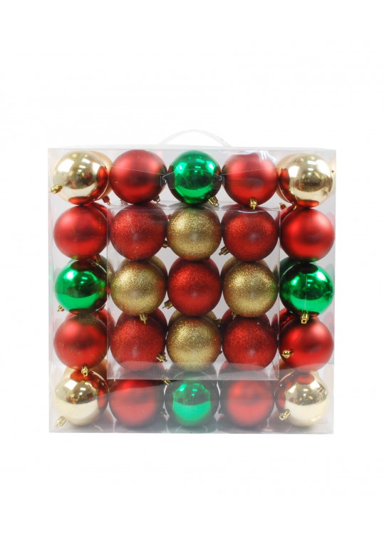 50Pk 75Mm Plastic Ornaments -Gold/Red/Green