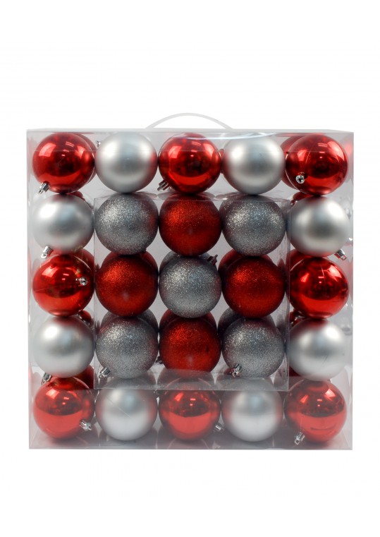 50Pk 75Mm Plastic Ornaments -Red/Silver