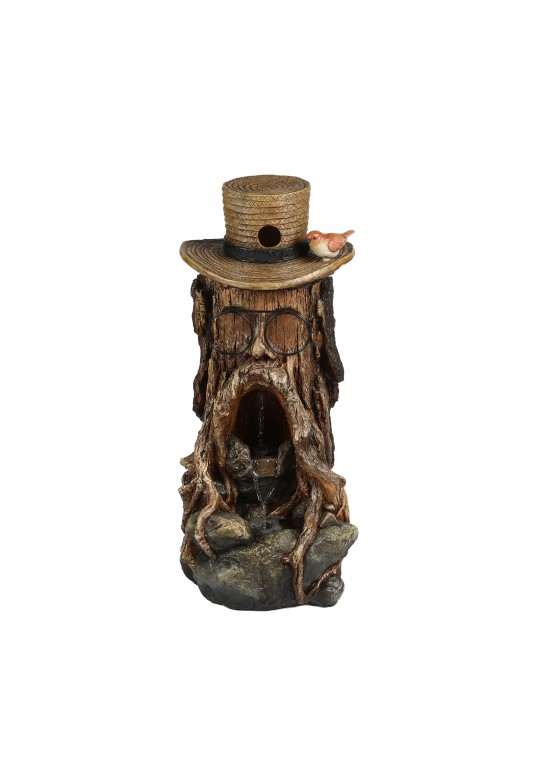 31 Inch Tree Stump Face Fountain with Led Light and Bird House