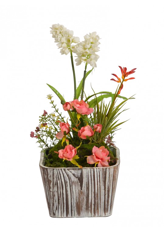 Floral arrangement with wooden  pot