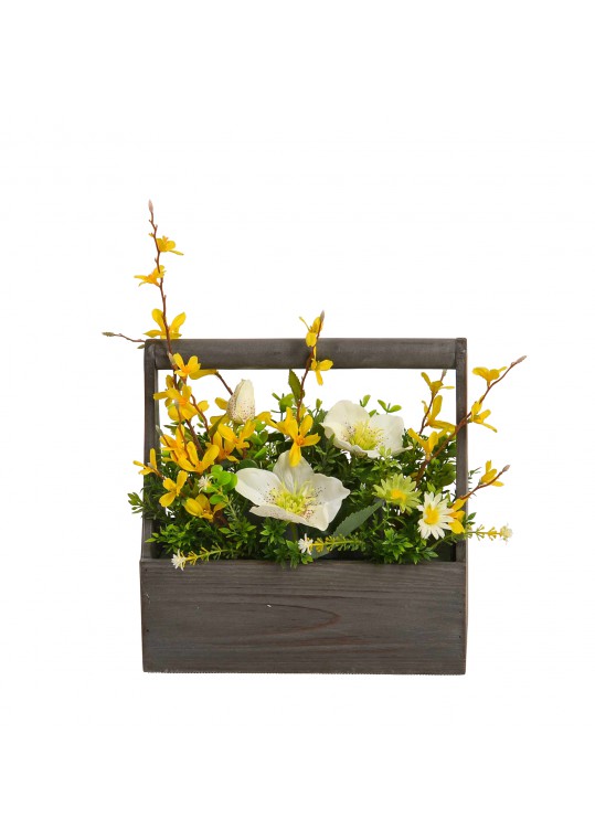 Floral arrangement with wooden  pot