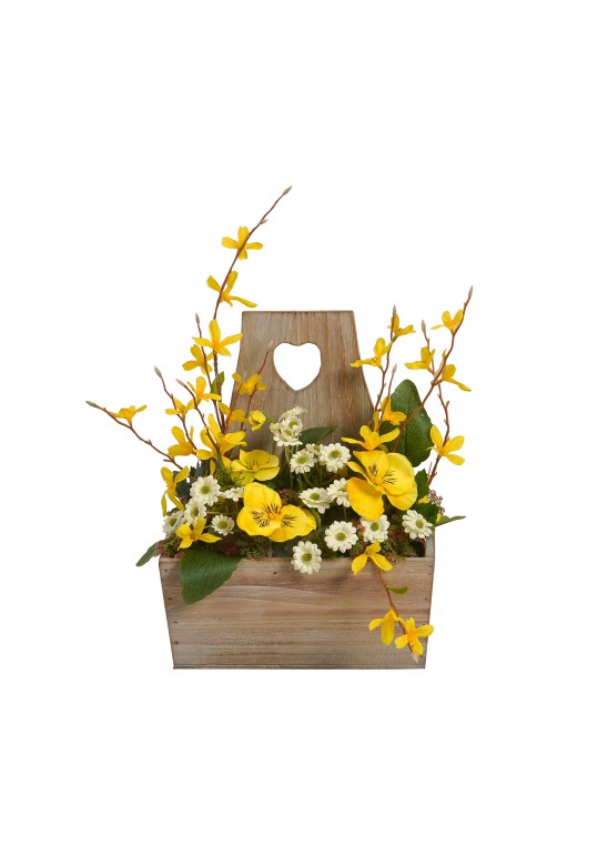 Floral arrangement with wooden  pot