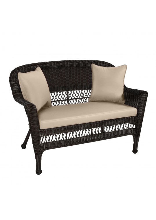 Espresso Wicker Patio Love Seat With Tan Cushion and Pillows