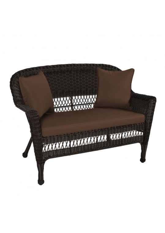 Espresso Wicker Patio Love Seat With Brown Cushion and Pillows