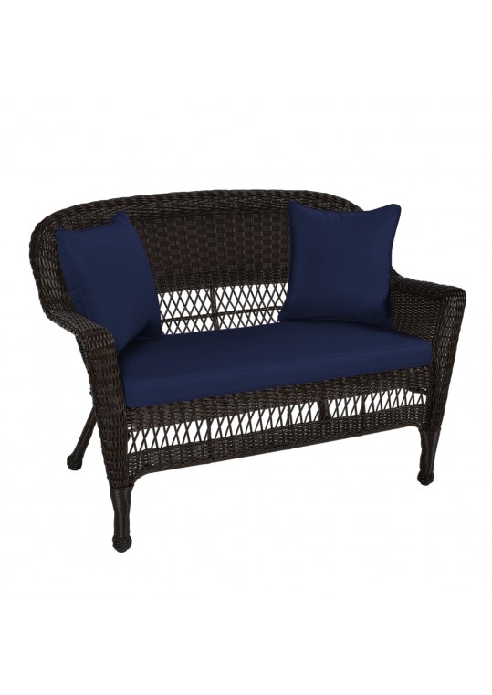 Espresso Wicker Patio Love Seat With Midnight Blue Cushion and Pillows