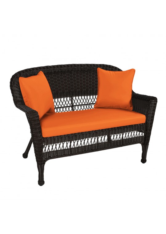 Espresso Wicker Patio Love Seat With Orange Cushion and Pillows