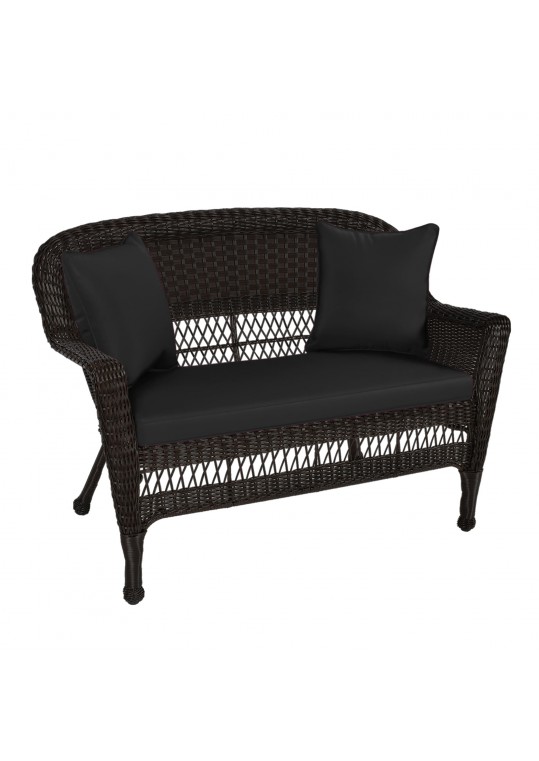 Espresso Wicker Patio Love Seat With Black Cushion and Pillows