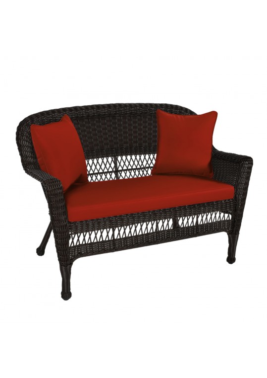 Espresso Wicker Patio Love Seat With Brick Red Cushion and Pillows