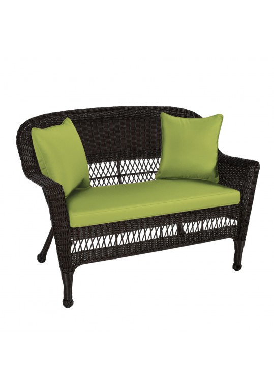 Espresso Wicker Patio Love Seat With Sage Green Cushion and Pillows