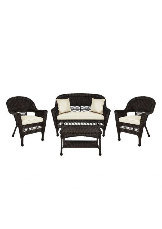 4pc Espresso Wicker Conversation Set - Ivory Cushion