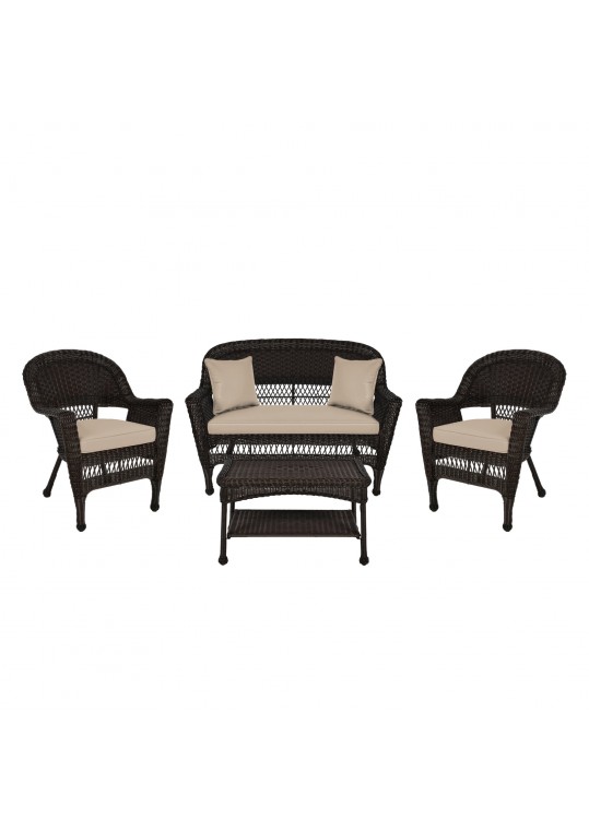4pc Espresso Wicker Conversation Set - Tan Cushion