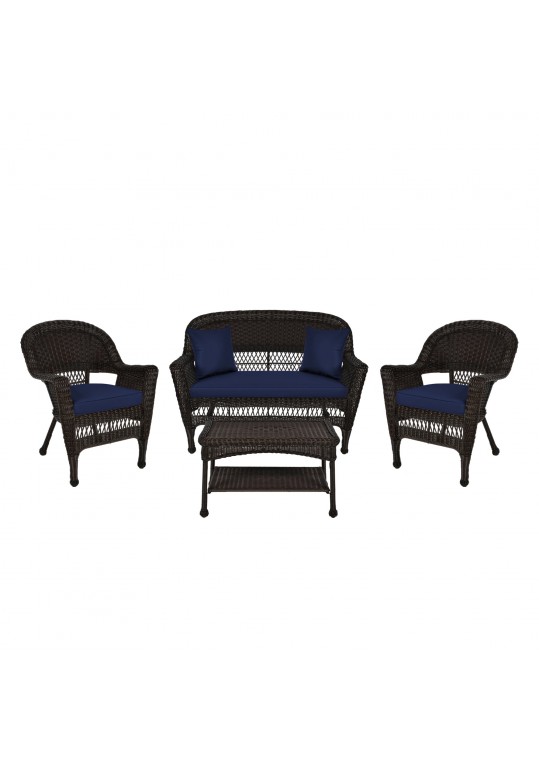 4pc Espresso Wicker Conversation Set - Midnight Blue Cushions
