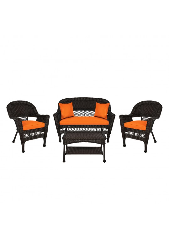 4pc Espresso Wicker Conversation Set - Orange Cushions