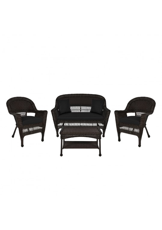 4pc Espresso Wicker Conversation Set - Black Cushions