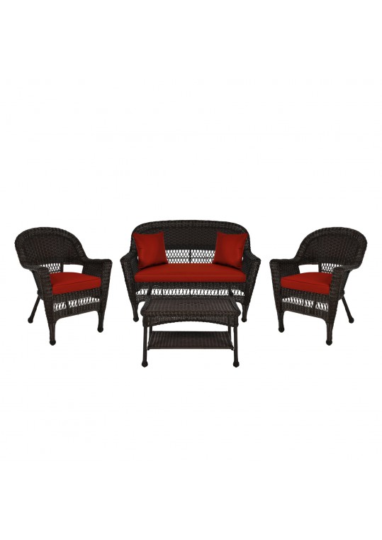 4pc Espresso Wicker Conversation Set - Brick Red Cushions