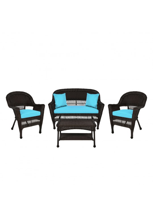 4pc Espresso Wicker Conversation Set - Sky Blue Cushion