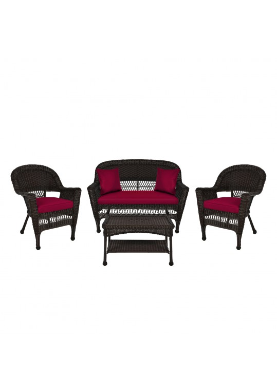 4pc Espresso Wicker Conversation Set - Red Cushion
