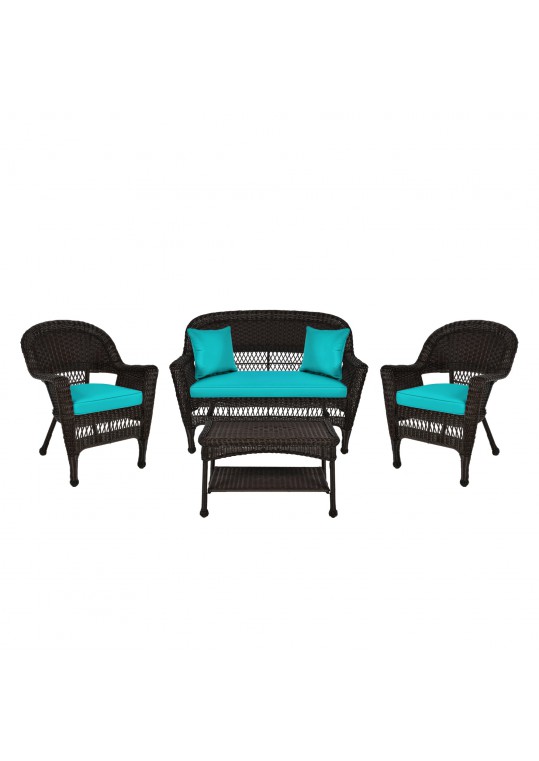 4pc Espresso Wicker Conversation Set - Turquoise Cushion